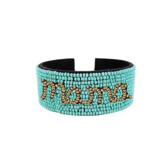 Handmade Beaded "Mama" Cuff Bracelet - Turquoise & Gold - Perfect Gift For Cool - Picture 1 of 1